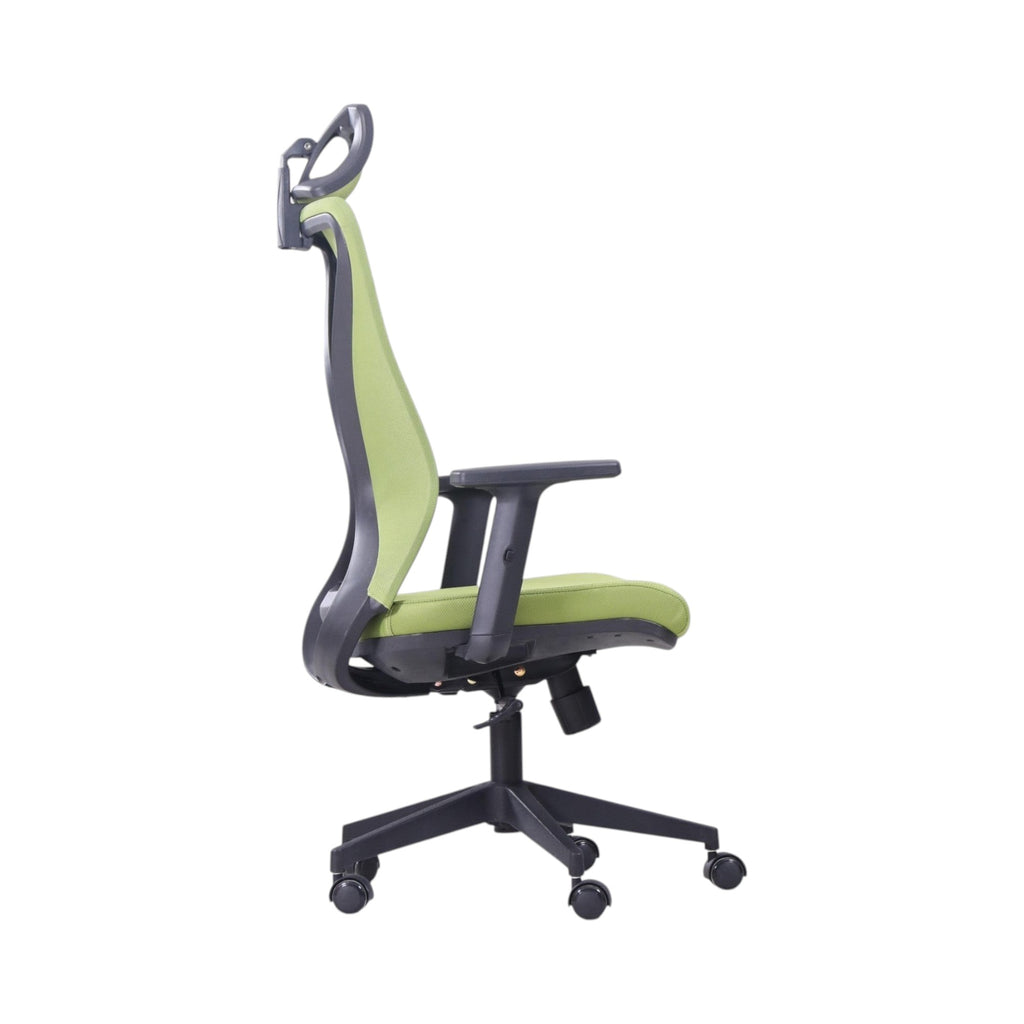 Xiaoyaozuo office chair: green ergonomic mesh office chair with adjustable headrest and padded seat, on black casters.