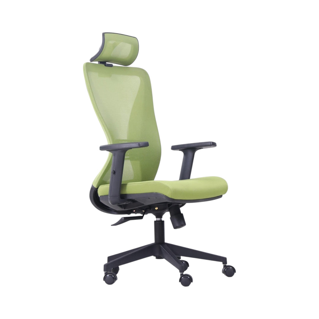 Xiaoyaozuo office chair: green ergonomic mesh office chair with adjustable headrest and padded seat, on black casters.