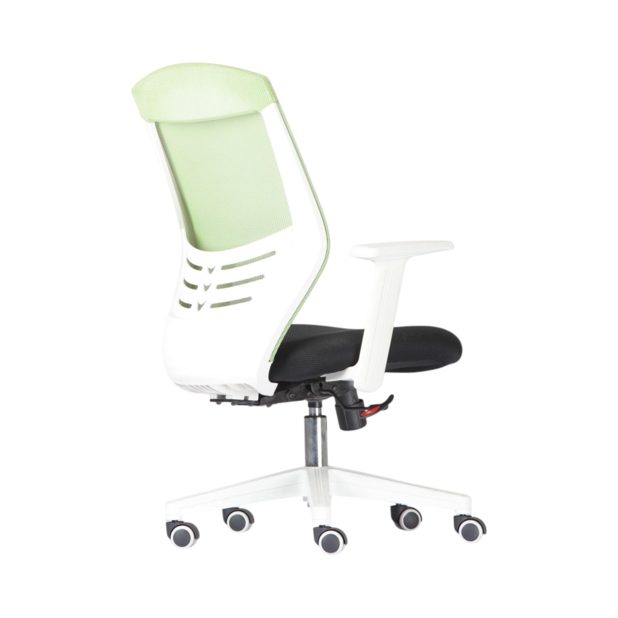 Xiaoyaozuo office chair: Ergonomic green mesh back office chair with white frame and black seat, adjustable height, casters.