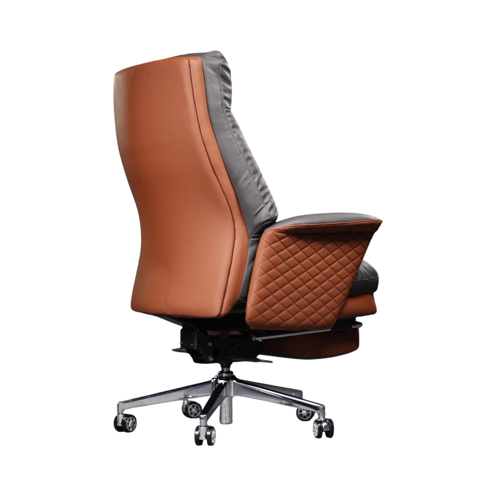 Xiaoyaozuo office chair executive chair in grey and brown faux leather with diamond-stitched armrests and integrated footrest.