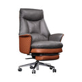 Xiaoyaozuo office chair: Grey faux leather executive chair with brown diamond-stitched armrests and integrated footrest.