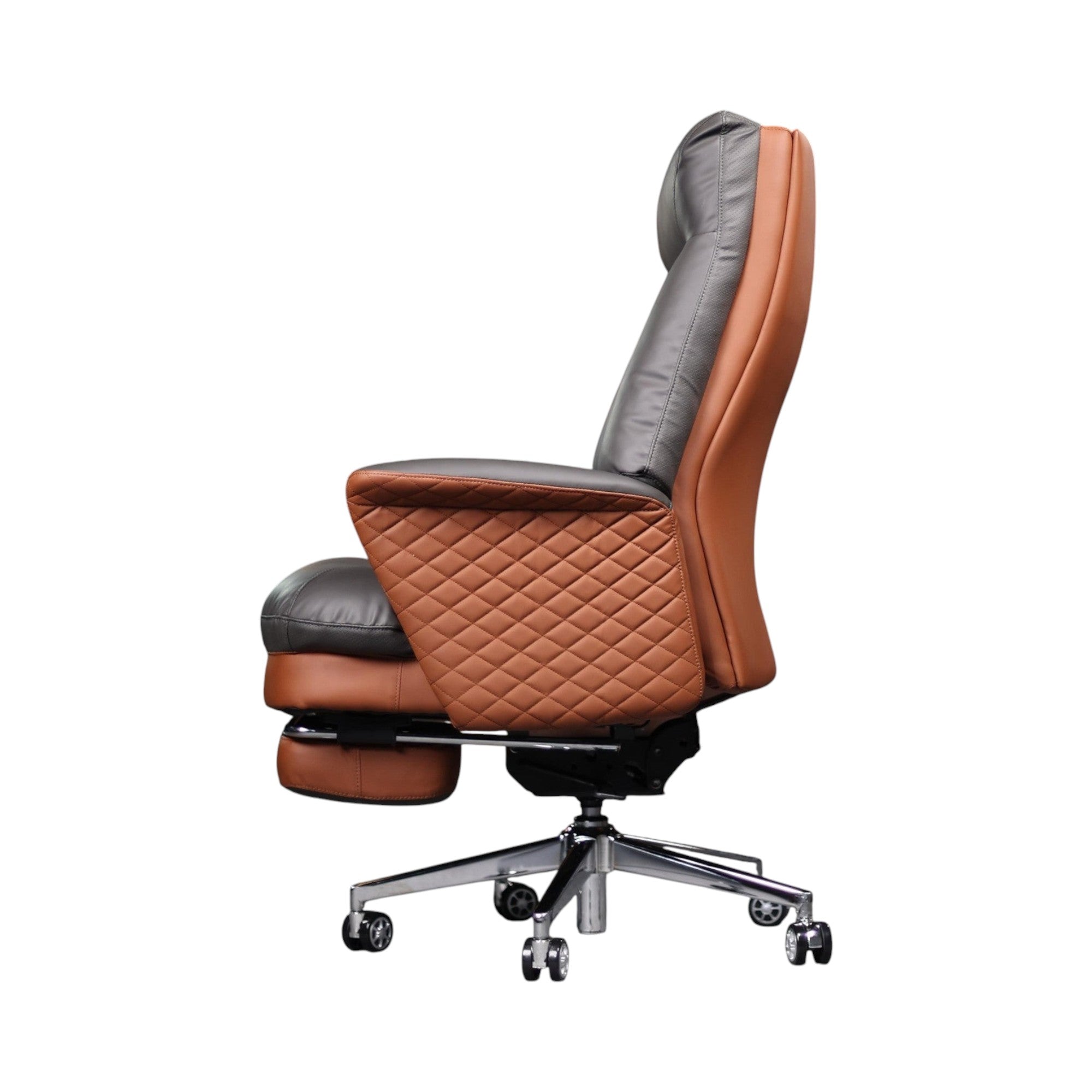 Xiaoyaozuo office chair executive chair in grey and brown faux leather with diamond-stitched armrests and integrated footrest.
