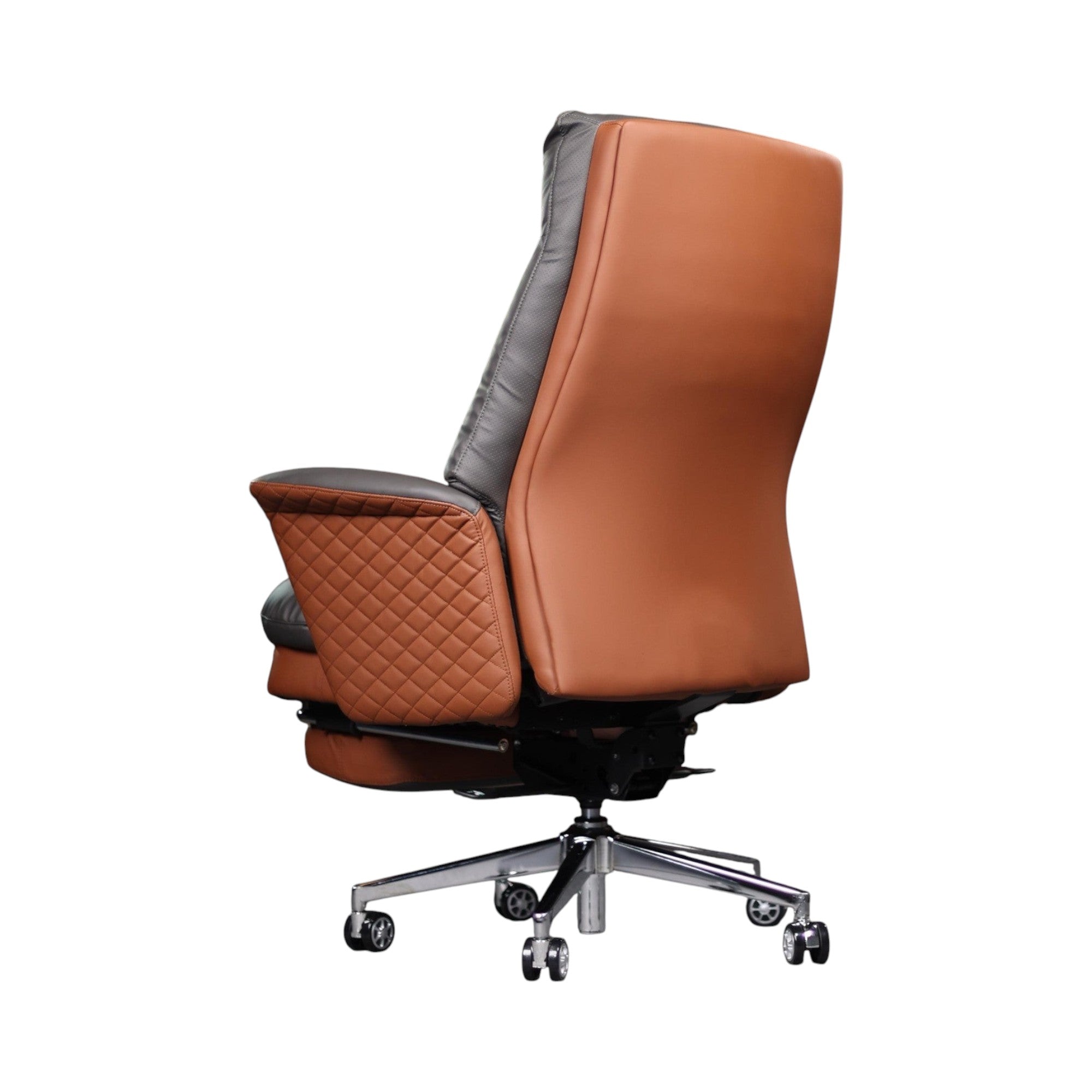 Xiaoyaozuo office chair: Grey and brown faux leather executive chair with diamond-stitched armrests and integrated footrest.