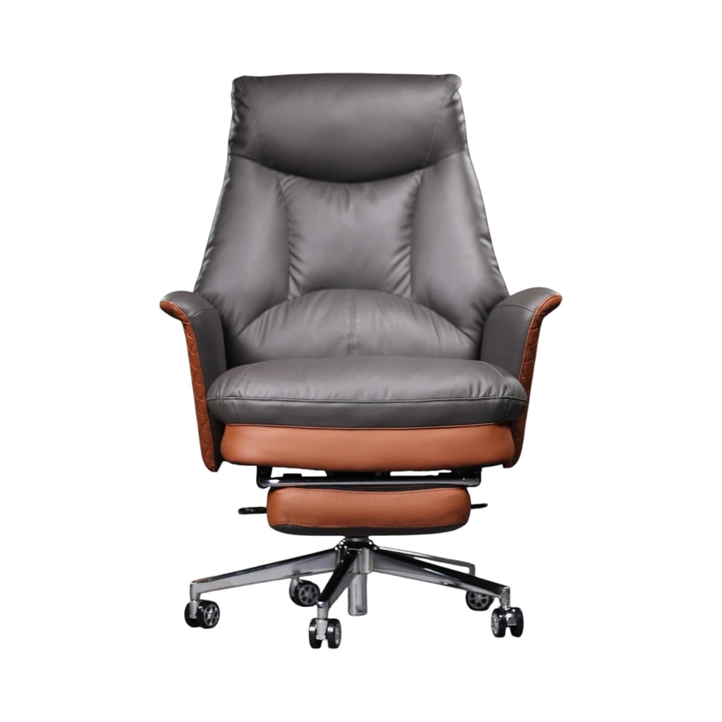 Xiaoyaozuo office chair grey and brown faux leather executive chair with footrest and diamond-stitched armrests.