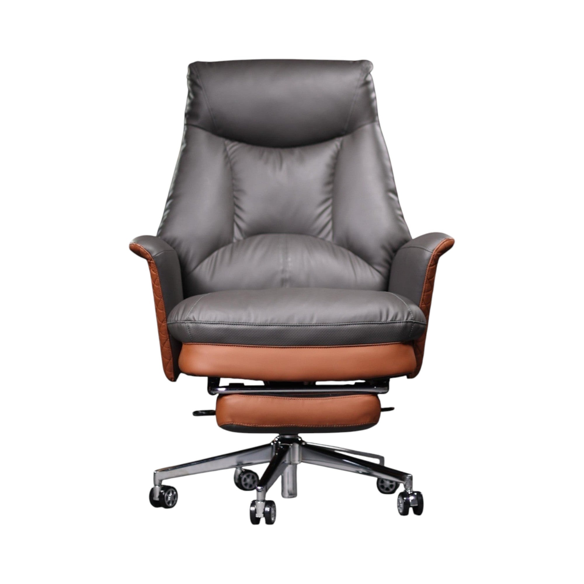 Xiaoyaozuo office chair grey and brown faux leather executive chair with footrest and diamond-stitched armrests.