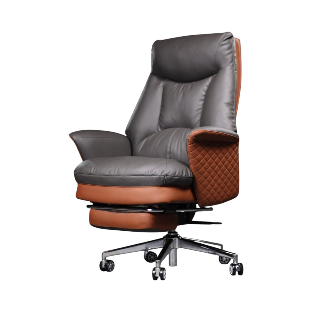Xiaoyaozuo office chair executive chair in grey and brown faux leather with diamond-stitched armrests and integrated footrest.