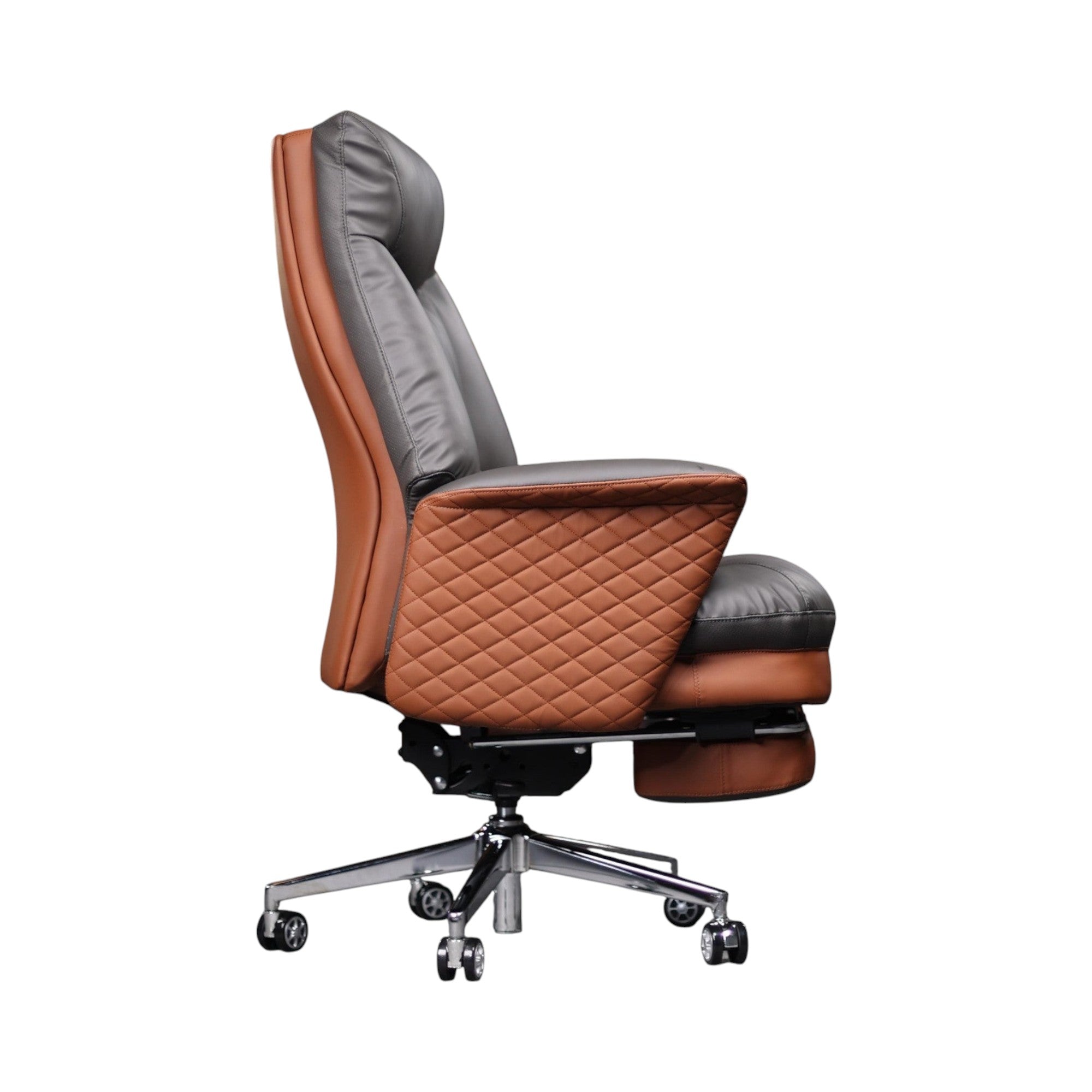 Xiaoyaozuo office chair: Grey and brown faux leather executive chair with diamond-stitched armrests and integrated footrest.
