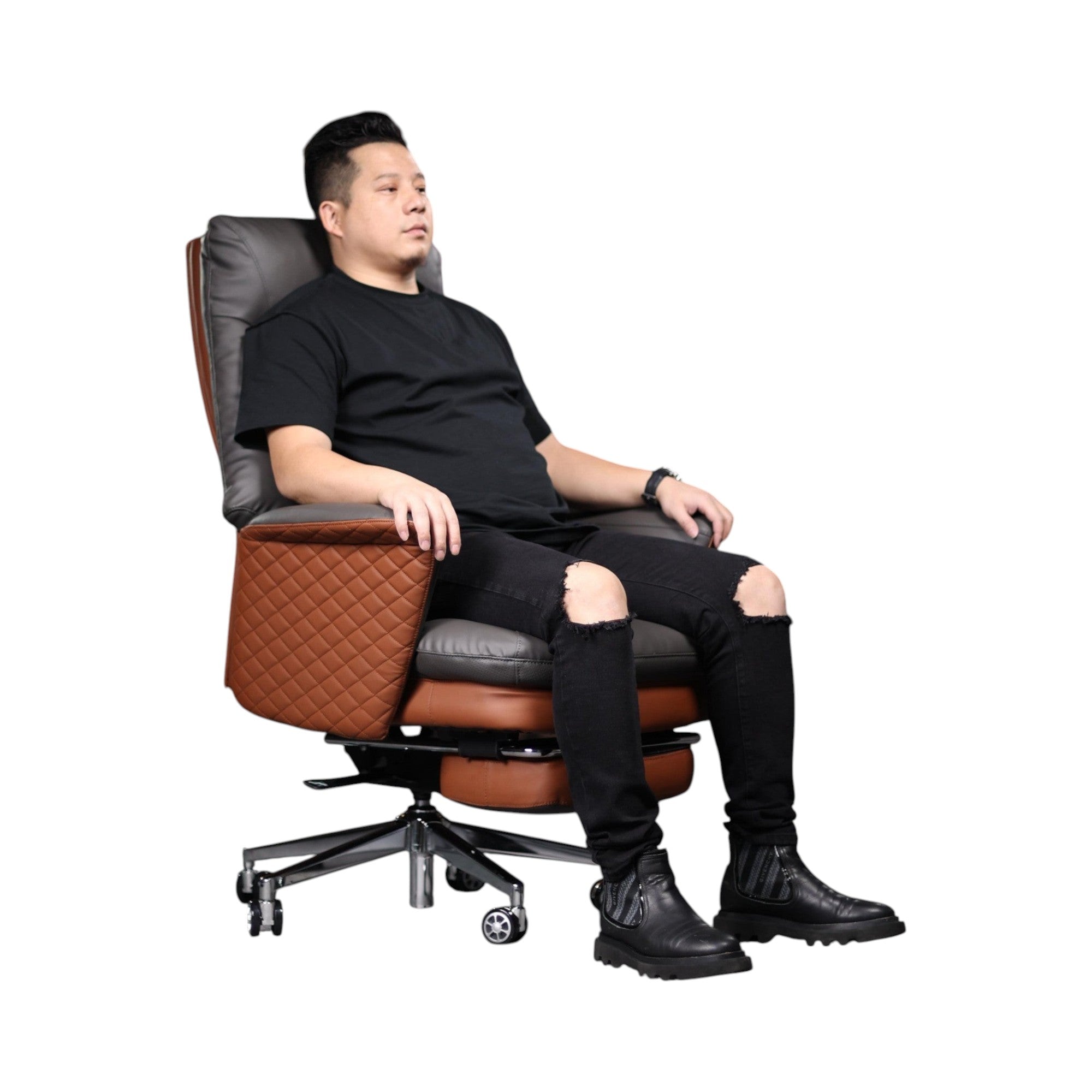 Xiaoyaozuo office chair grey and brown faux leather executive chair with diamond-stitched armrests and footrest.