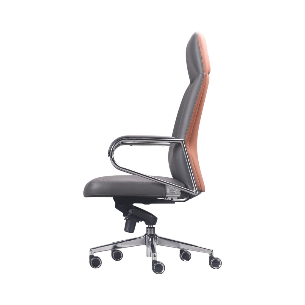 Xiaoyaozuo office chair executive high back chair in grey and brown faux leather with chrome accents and casters.