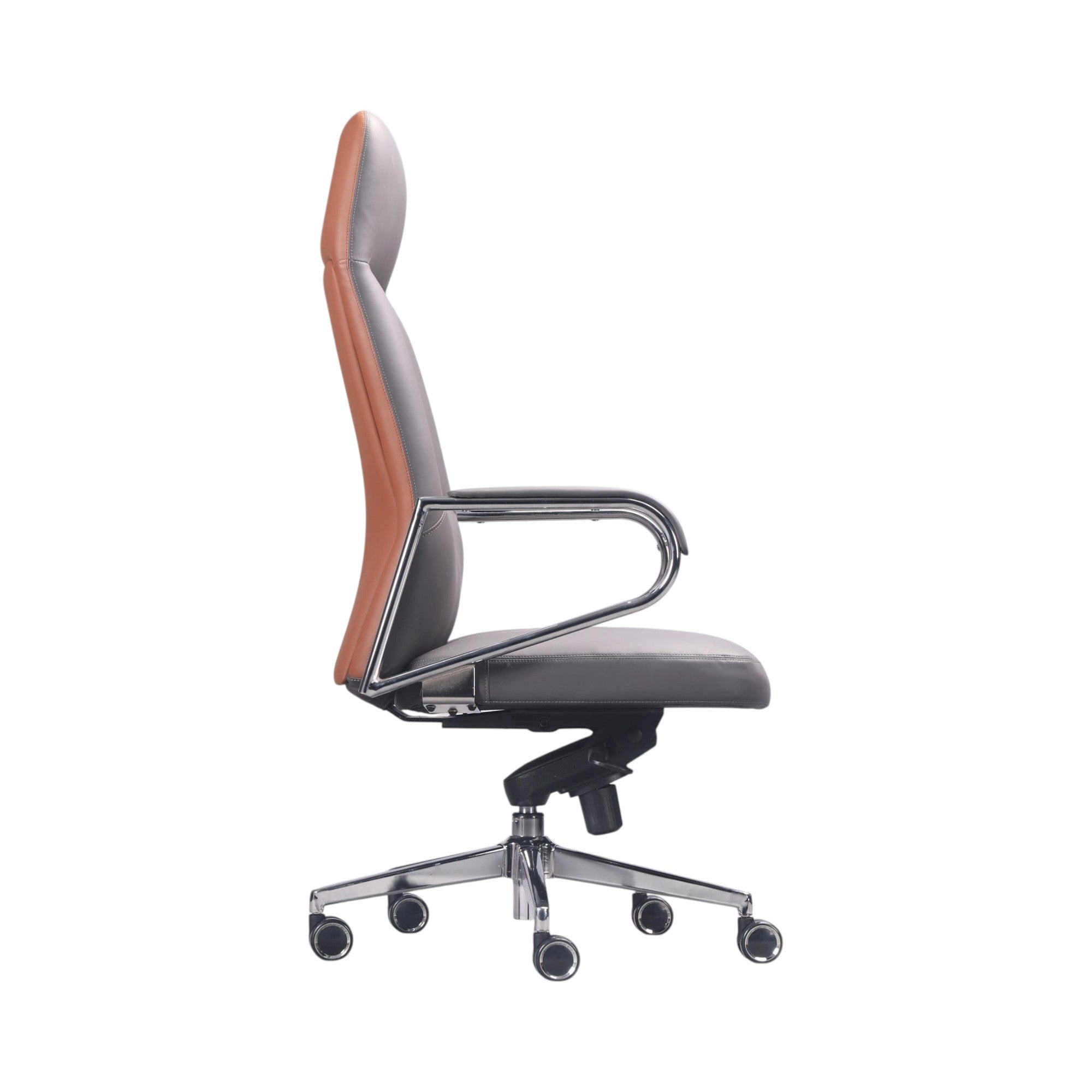 Xiaoyaozuo office chair executive high back chair in grey and brown faux leather with chrome accents and casters.