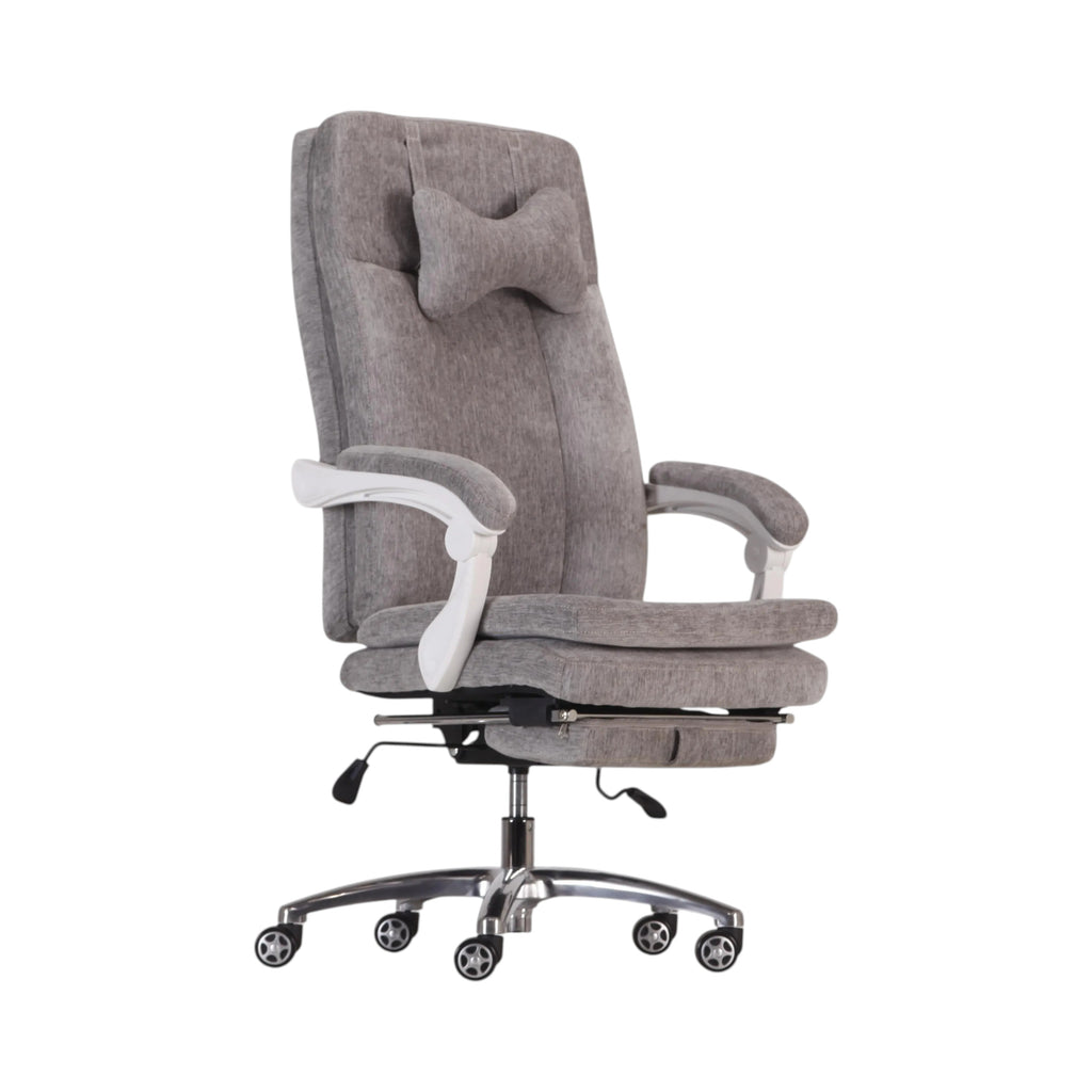 Xiaoyaozuo office chair: Grey fabric ergonomic office chair with headrest and retractable footrest, adjustable lumbar support, and silver base.