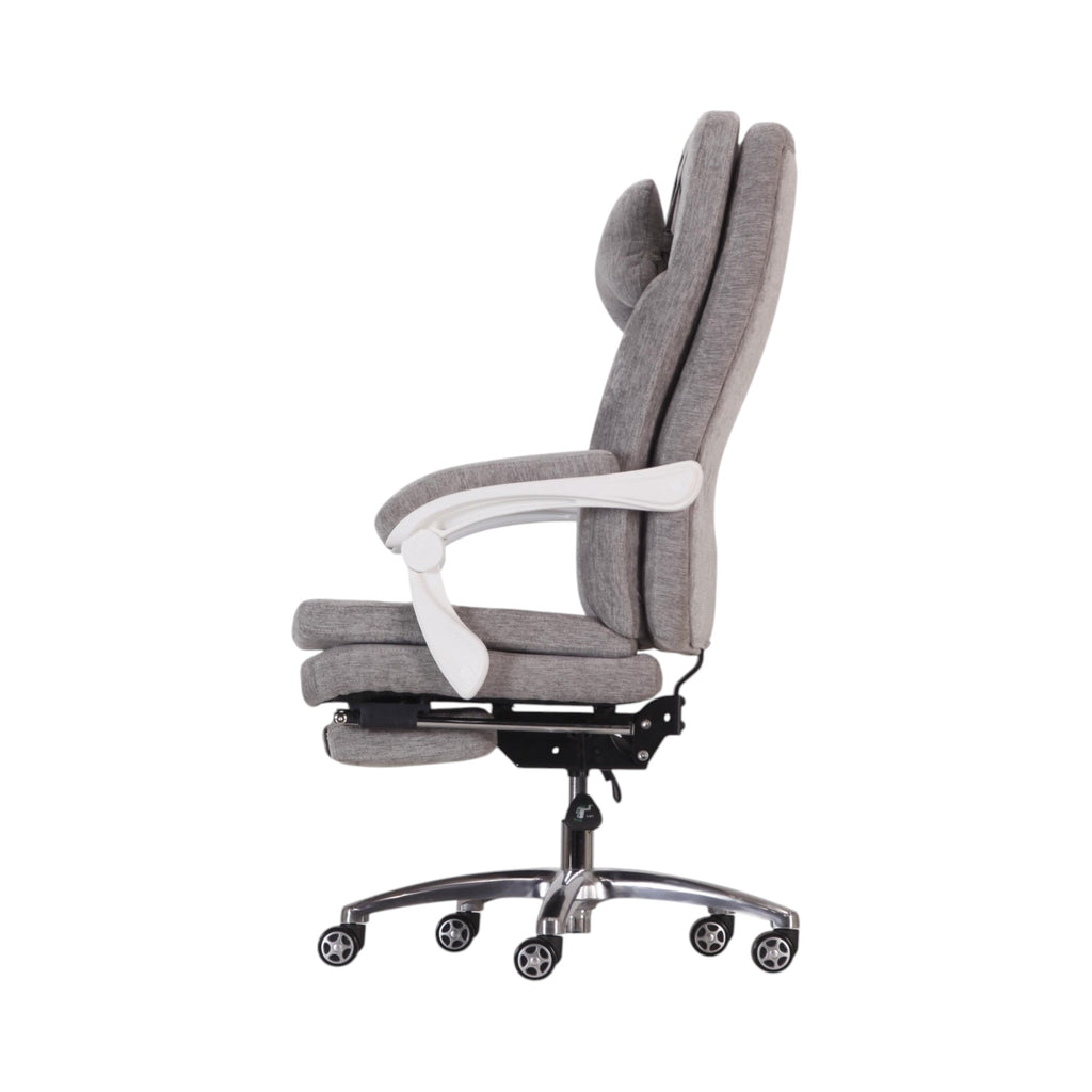 Xiaoyaozuo office chair: Grey fabric ergonomic office chair with retractable footrest, adjustable lumbar support, and white armrests.