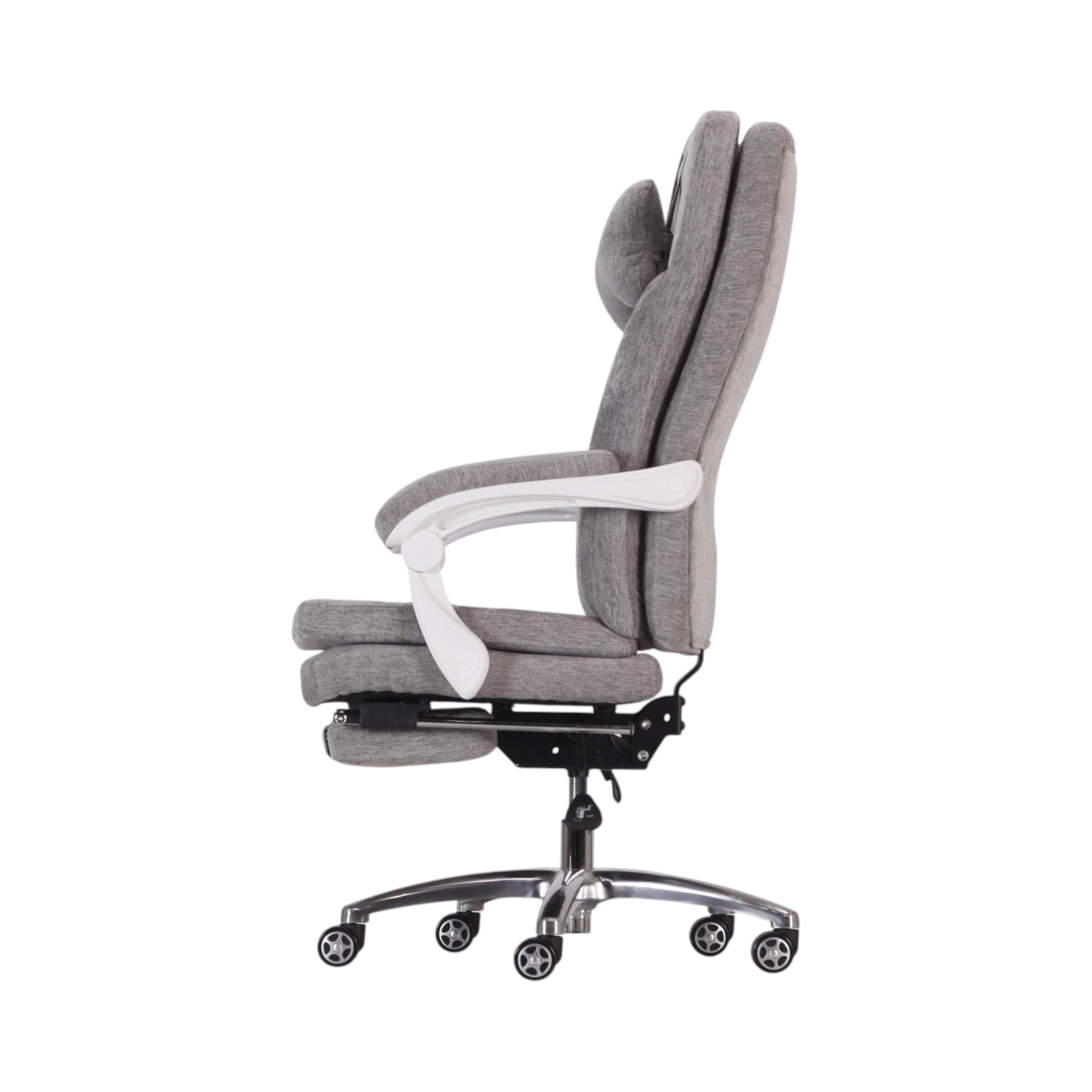 Xiaoyaozuo office chair: Grey fabric ergonomic office chair with retractable footrest, adjustable lumbar support, and white armrests.