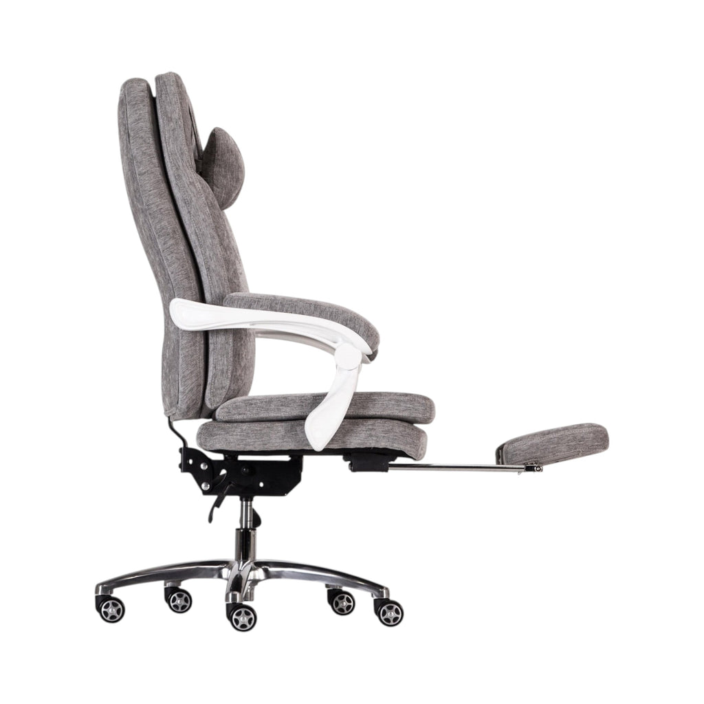 Xiaoyaozuo office chair: grey fabric ergonomic chair with retractable footrest, adjustable lumbar support, and white armrests.