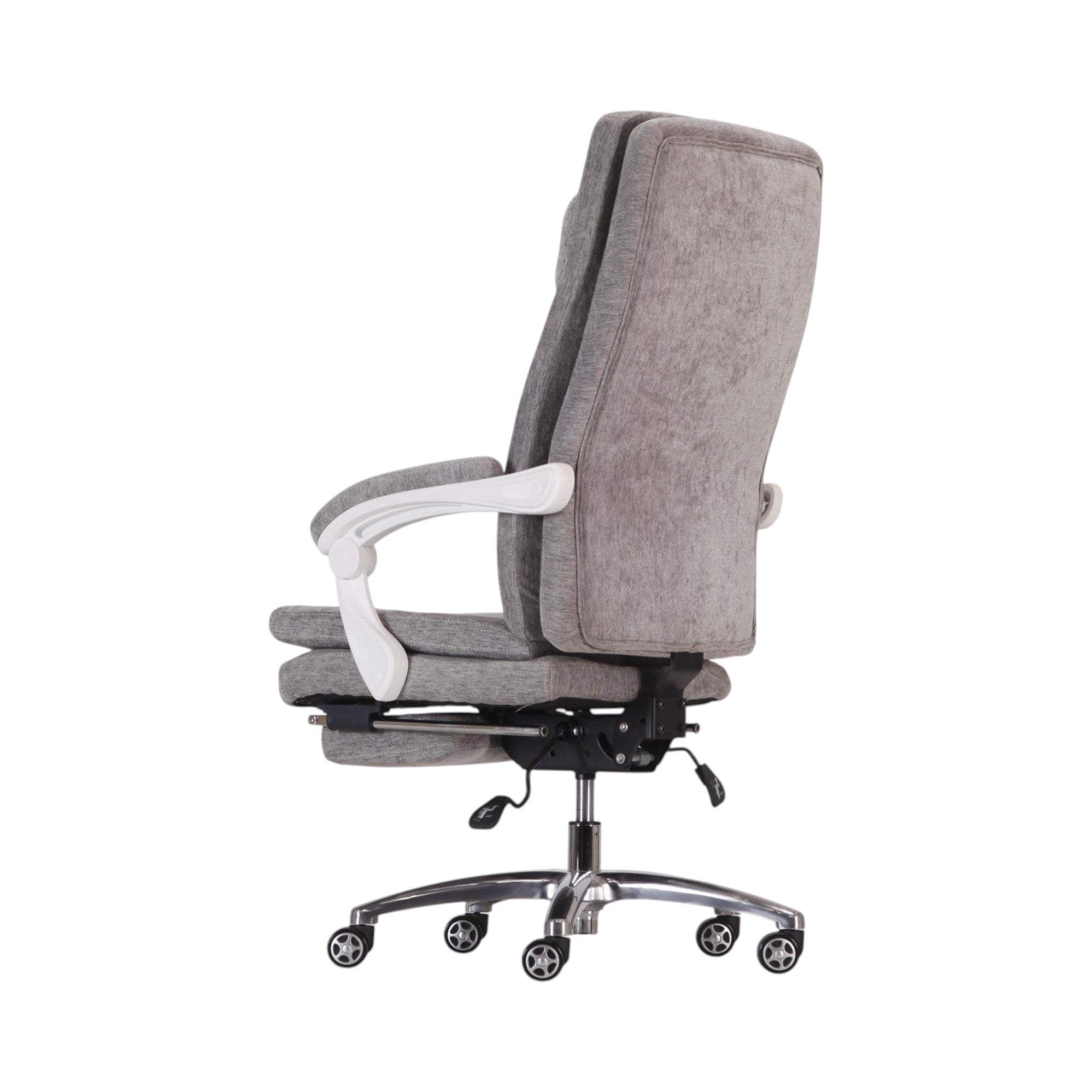Xiaoyaozuo office chair: grey fabric ergonomic chair with high back, white armrests, and retractable footrest. Sturdy metal base with casters.