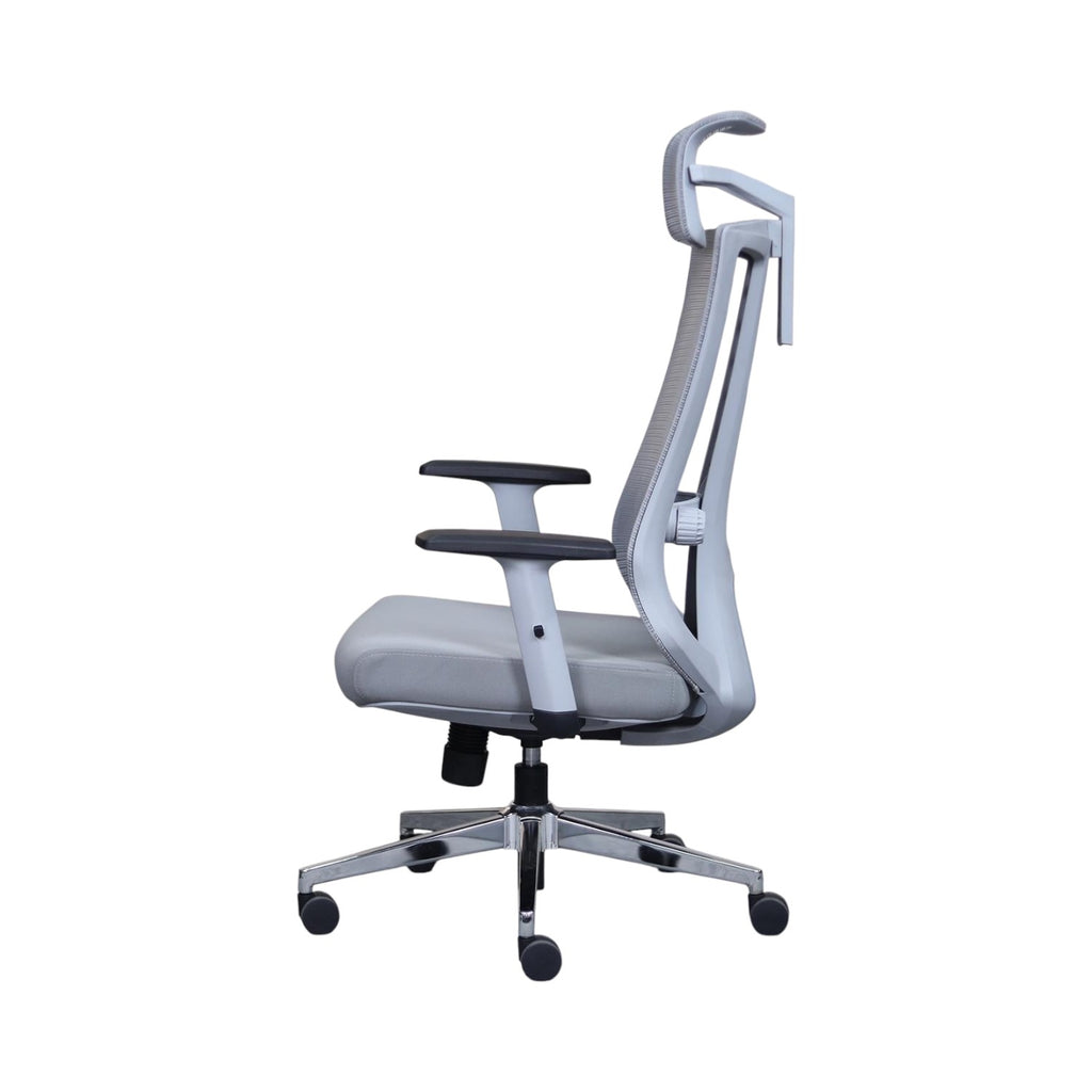 Xiaoyaozuo office chair: Grey ergonomic mesh office chair with adjustable headrest and padded seat, on a carpeted floor.