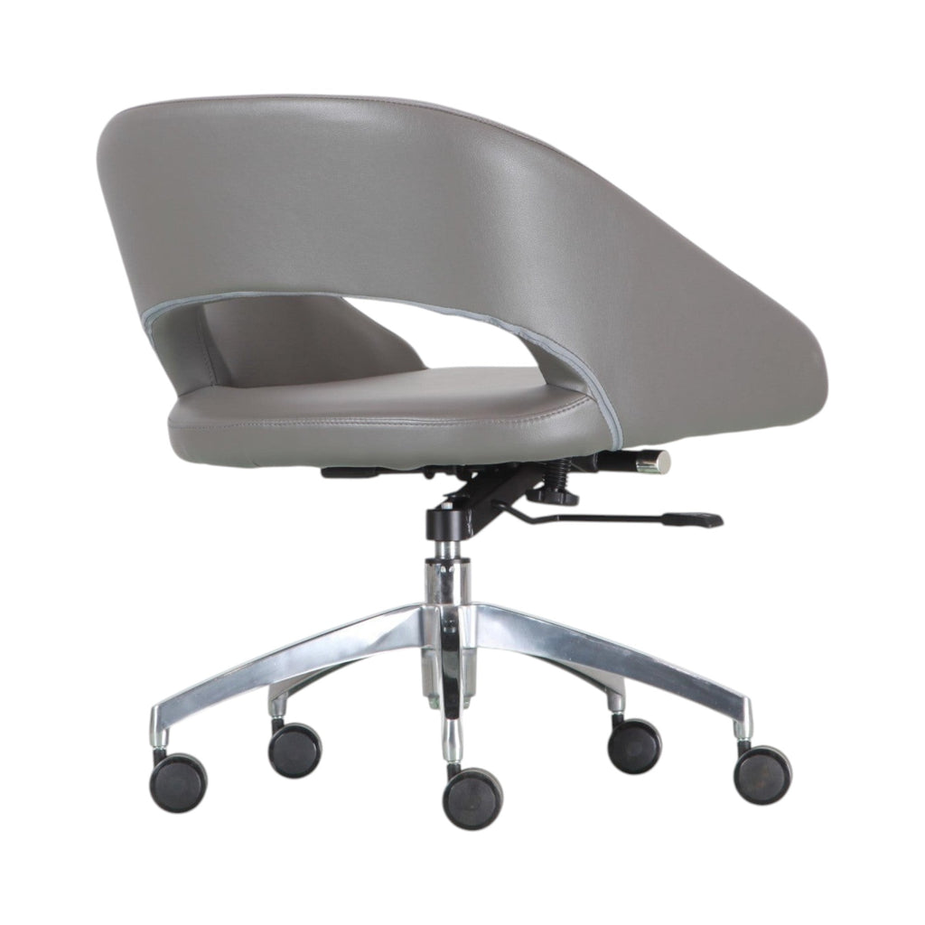 Xiaoyaozuo office chair: Modern grey faux leather executive chair with polished chrome base and casters for ergonomic comfort.