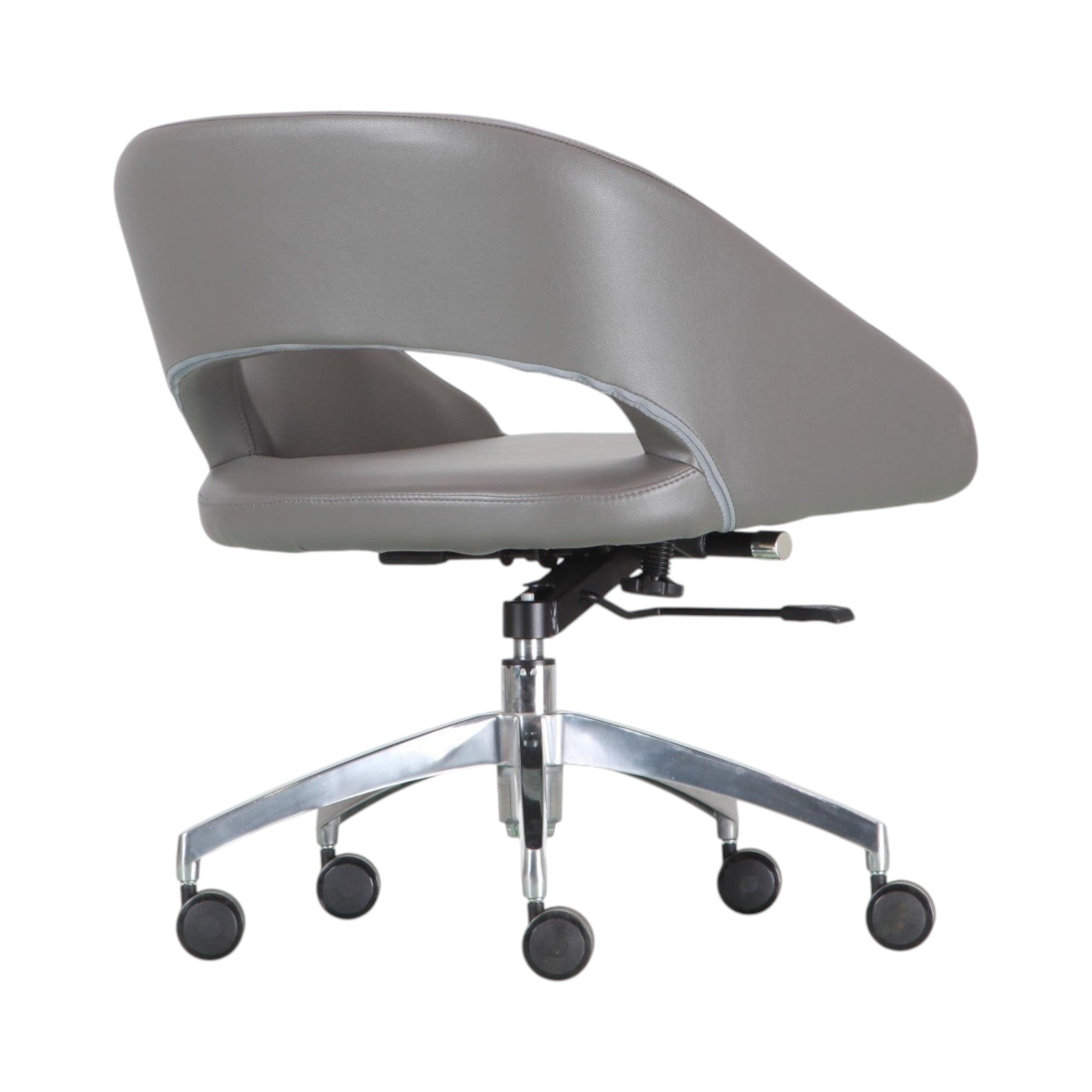 Xiaoyaozuo office chair: Modern grey faux leather executive chair with polished chrome base and casters for ergonomic comfort.