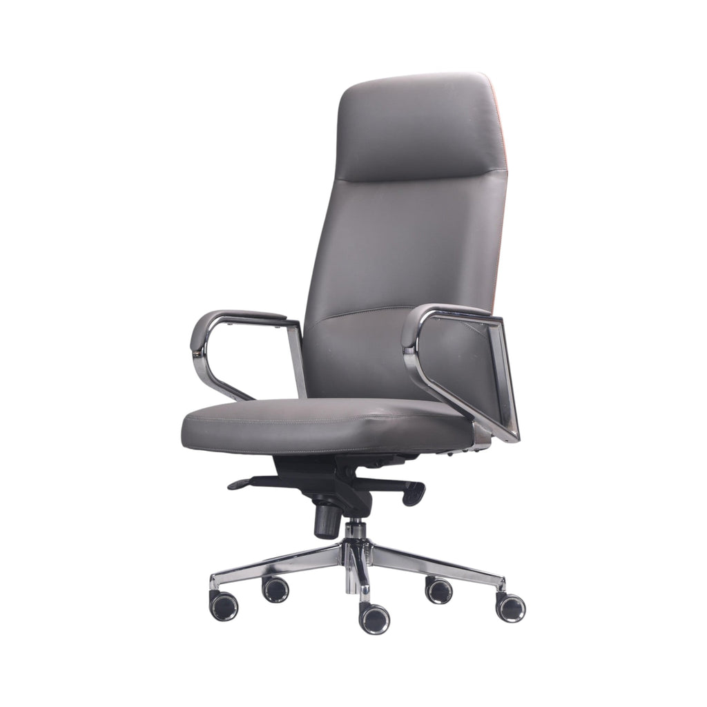 Xiaoyaozuo office chair executive high back chair in grey faux leather with chrome accents and casters.