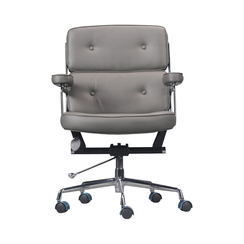 Xiaoyaozuo office chair executive management chair in grey faux leather with tufted design and chrome accents.