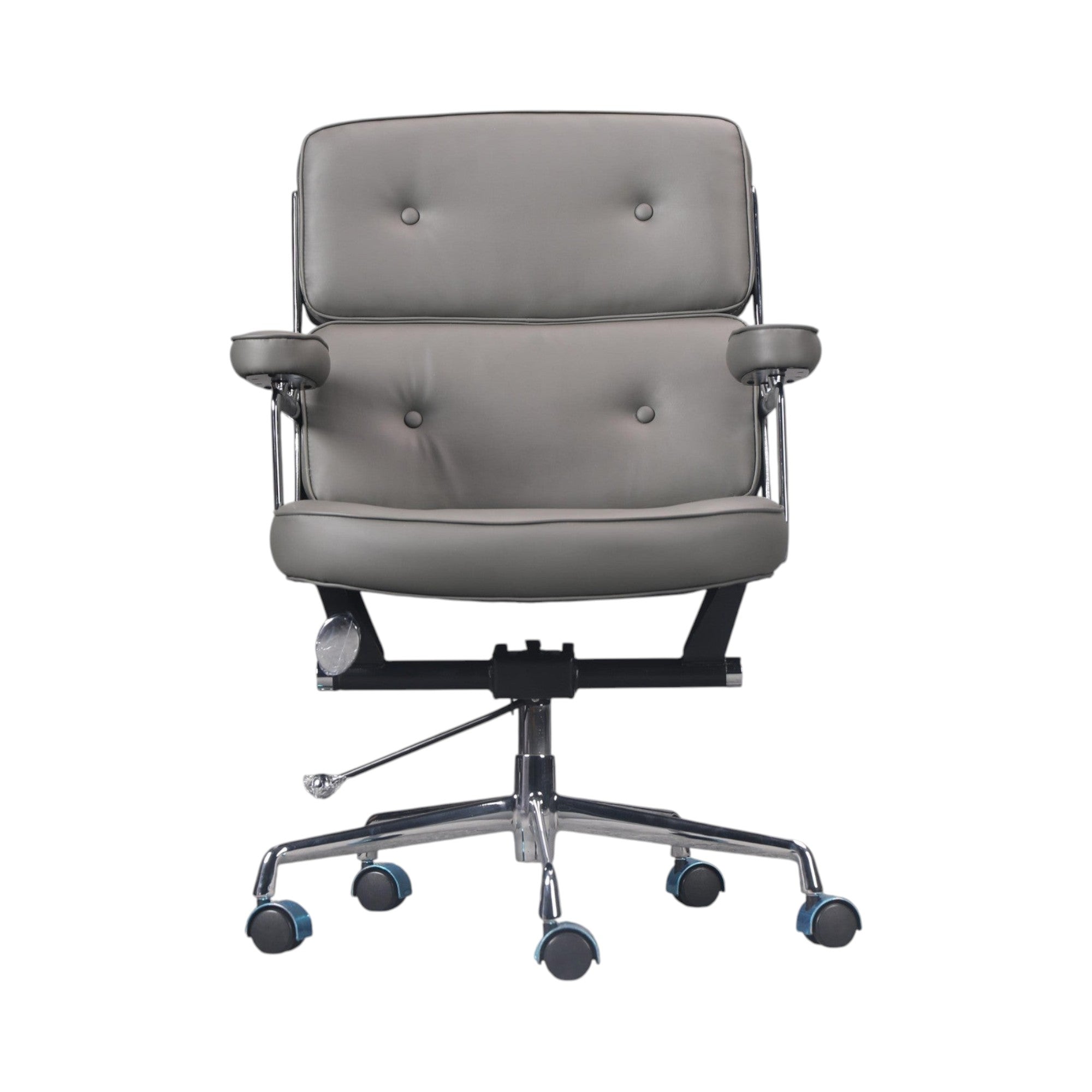 Xiaoyaozuo office chair executive management chair in grey faux leather with tufted design and chrome accents.