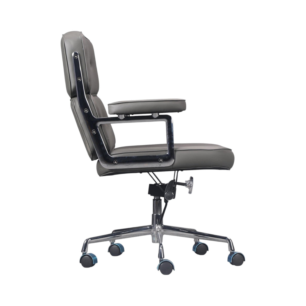 Xiaoyaozuo office chair executive management chair in grey faux leather with tufted design and chrome accents.