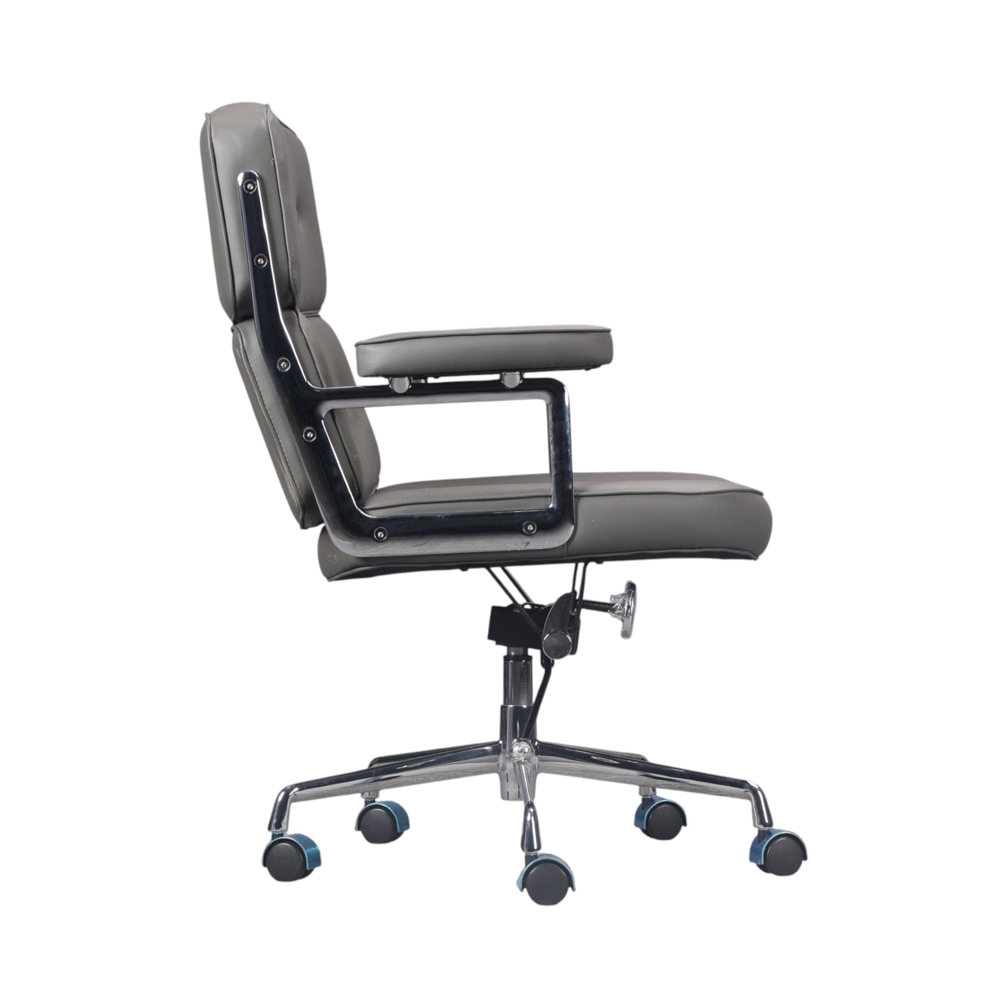 Xiaoyaozuo office chair executive management chair in grey faux leather with tufted design and chrome accents.
