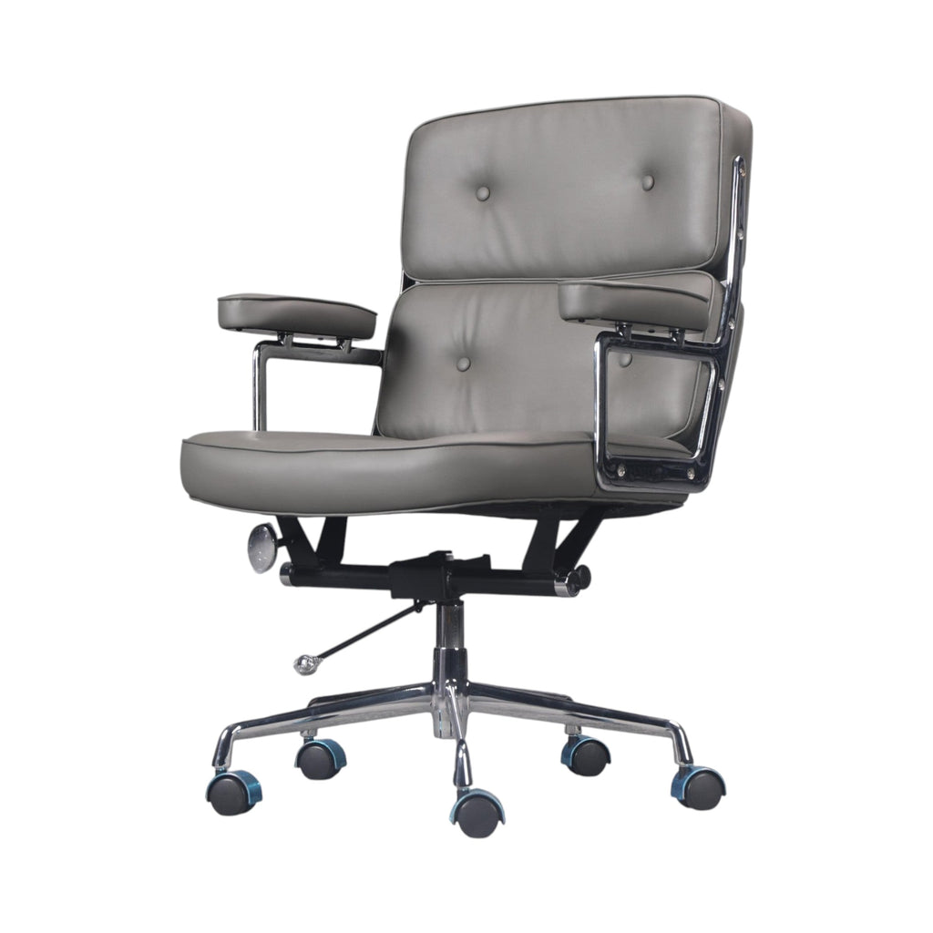 Xiaoyaozuo office chair executive management chair in grey faux leather with tufted design and chrome accents.