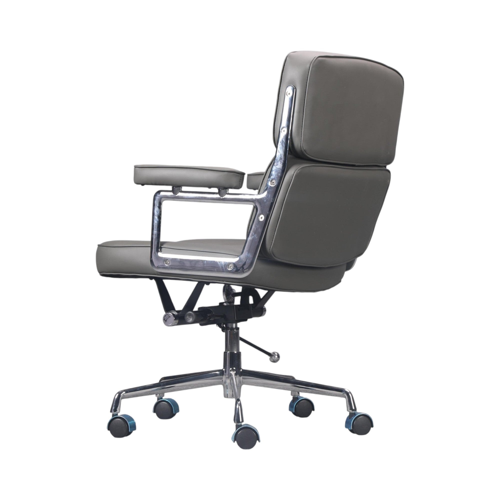 Xiaoyaozuo office chair: Grey faux leather executive office chair with tufted back, chrome arms, and blue-wheeled casters.
