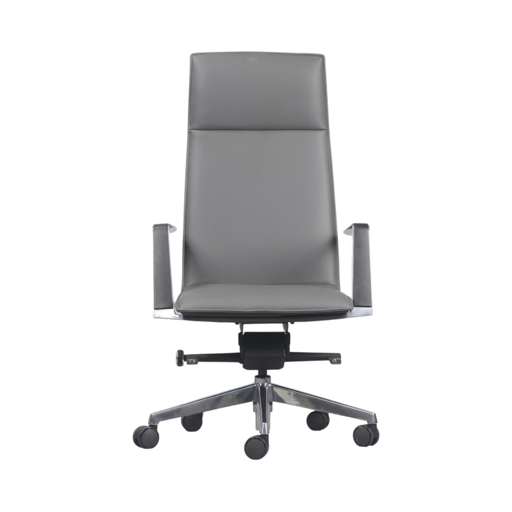 Xiaoyaozuo office chair executive high back chair in grey faux leather with polished chrome armrests and base.