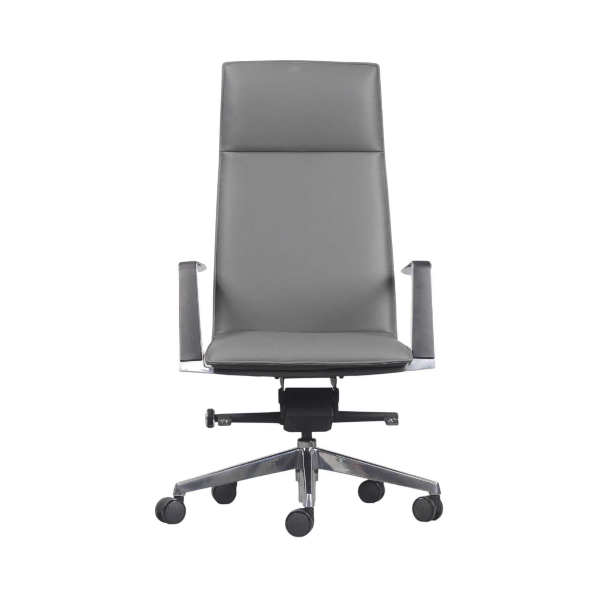 Xiaoyaozuo office chair executive high back chair in grey faux leather with polished chrome armrests and base.