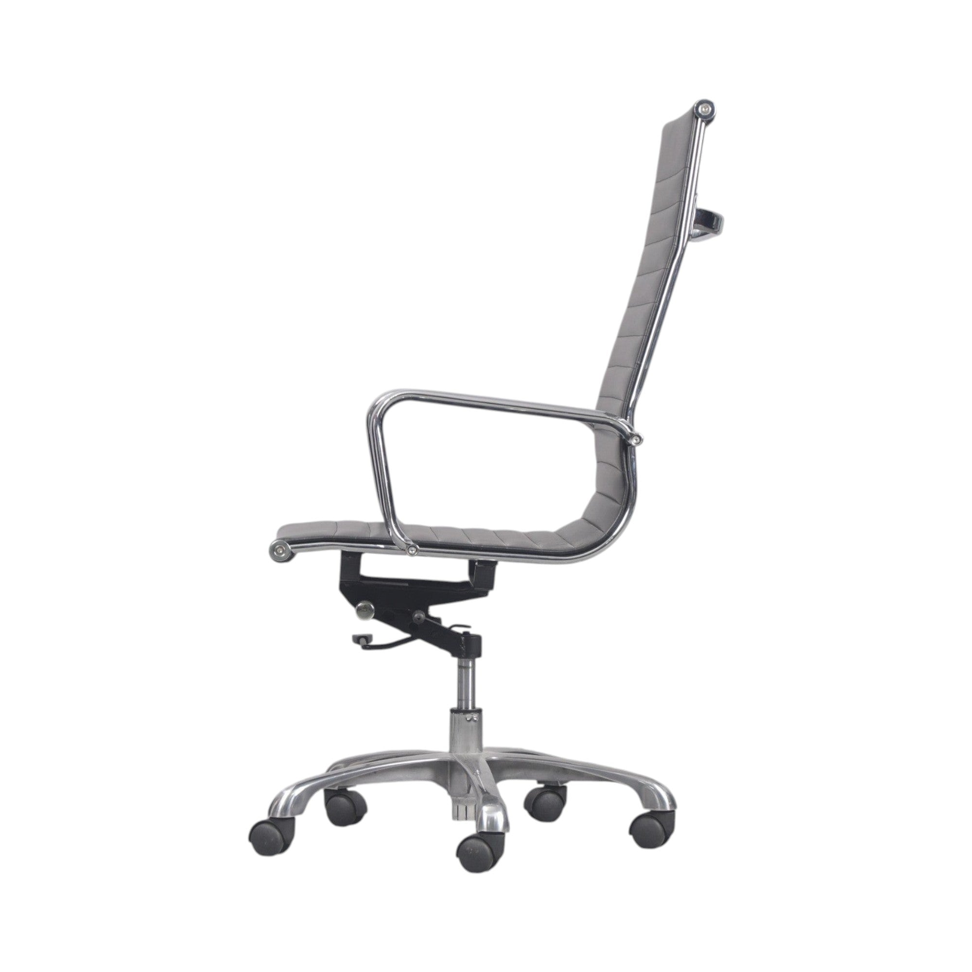 Xiaoyaozuo office chair executive high back chair in grey faux leather with polished aluminum base and casters.