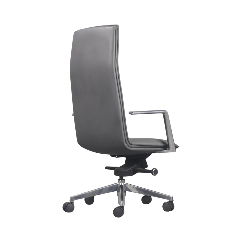 Xiaoyaozuo office chair executive high back chair in grey faux leather with polished chrome armrests and base on casters.