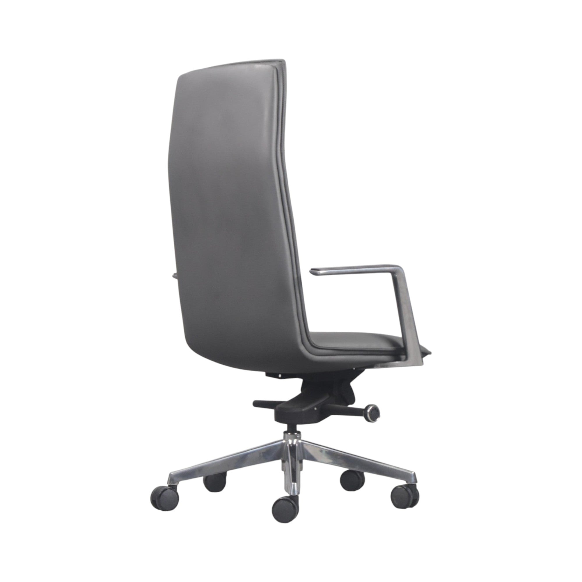Xiaoyaozuo office chair executive high back chair in grey faux leather with polished chrome armrests and base on casters.
