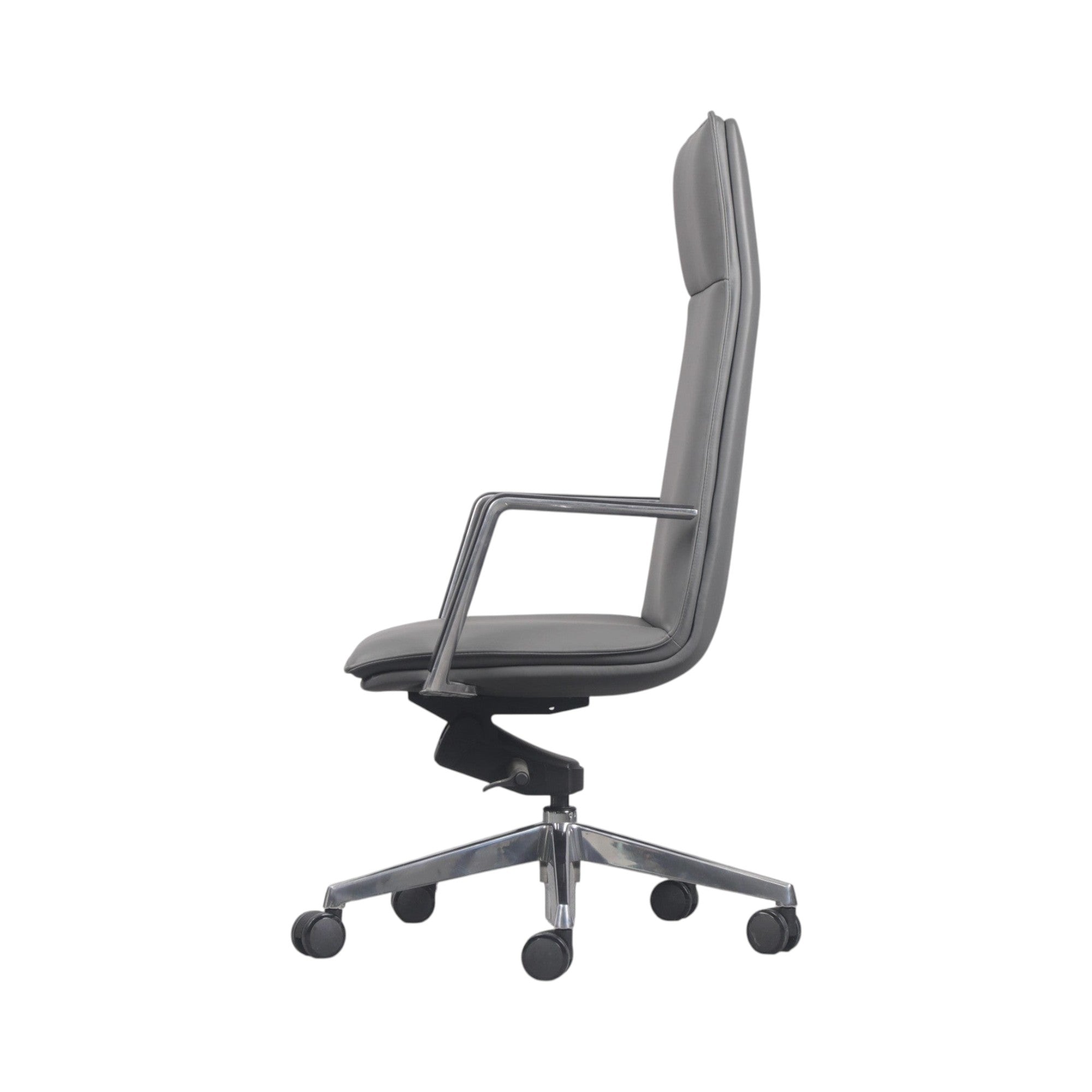 Xiaoyaozuo office chair executive high back chair in grey faux leather with polished chrome armrests and base on casters.