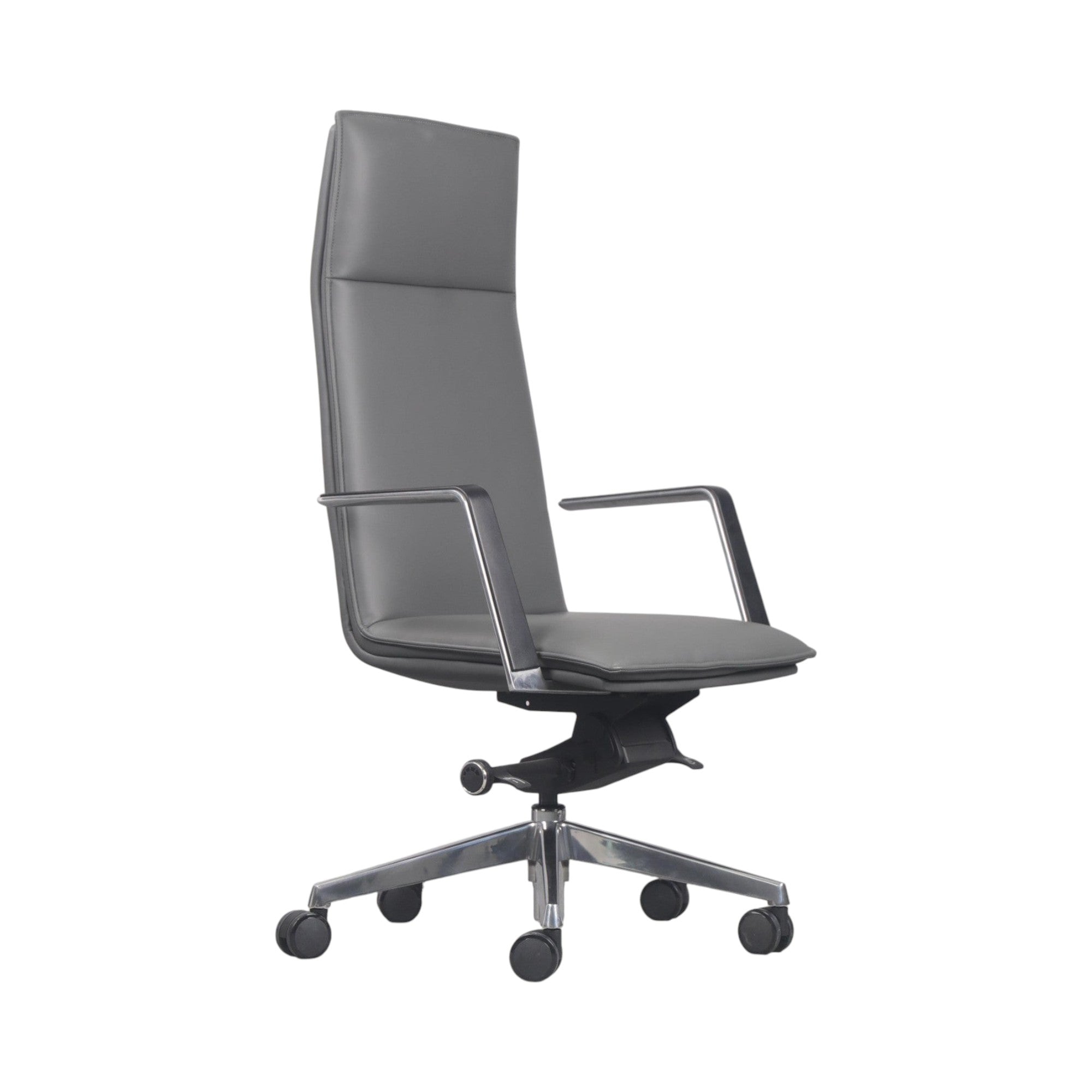 Xiaoyaozuo office chair executive high back grey faux leather chair with polished chrome armrests and base on casters.