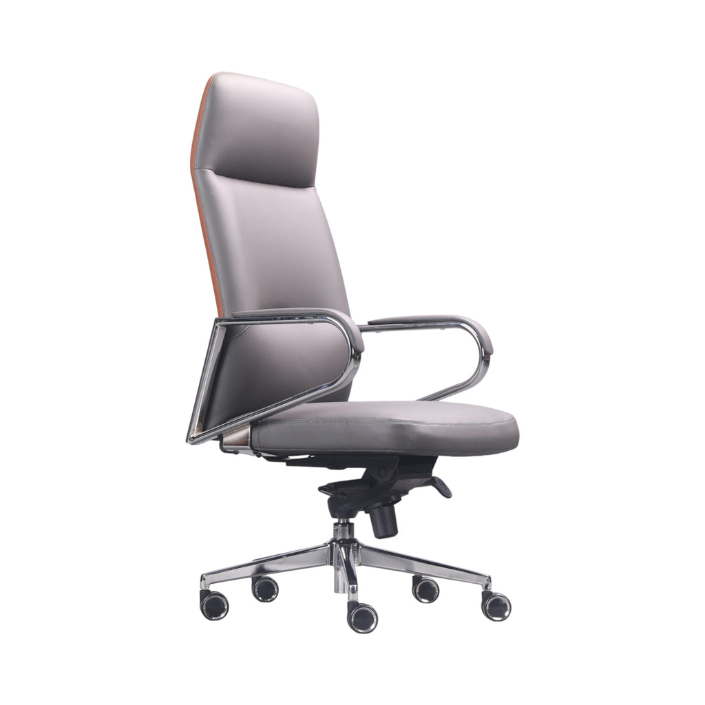 Xiaoyaozuo office chair executive high back chair in grey faux leather with chrome accents and padded seat.