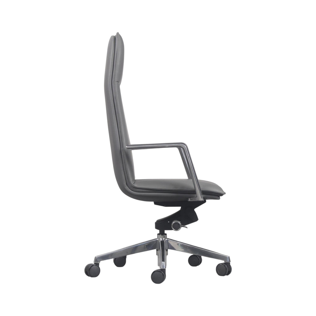 Xiaoyaozuo office chair executive high back chair in grey faux leather with polished chrome armrests and base.