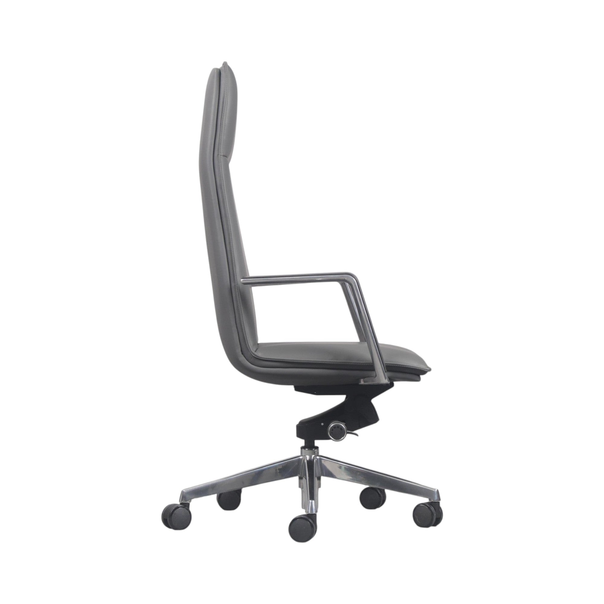 Xiaoyaozuo office chair executive high back chair in grey faux leather with polished chrome armrests and base.