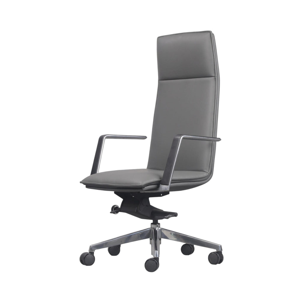 Xiaoyaozuo office chair executive high back chair in grey faux leather with polished chrome armrests and base.