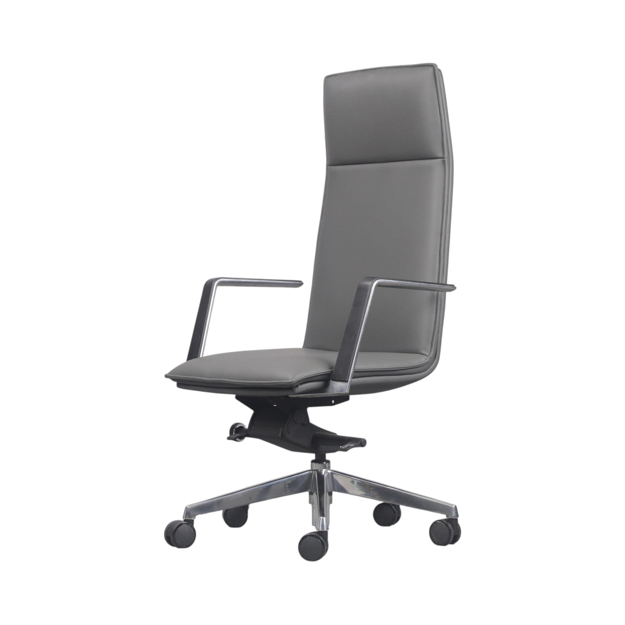 Xiaoyaozuo office chair executive high back chair in grey faux leather with polished chrome armrests and base.
