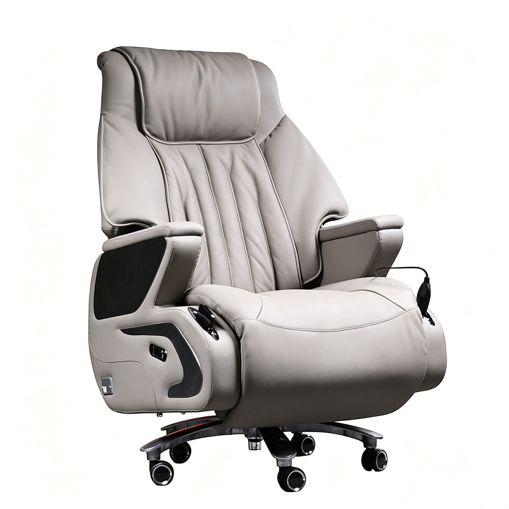 Xiaoyaozuo office chair: light grey top-grain leather executive massage chair with adjustable recline, heating, and wireless charging.