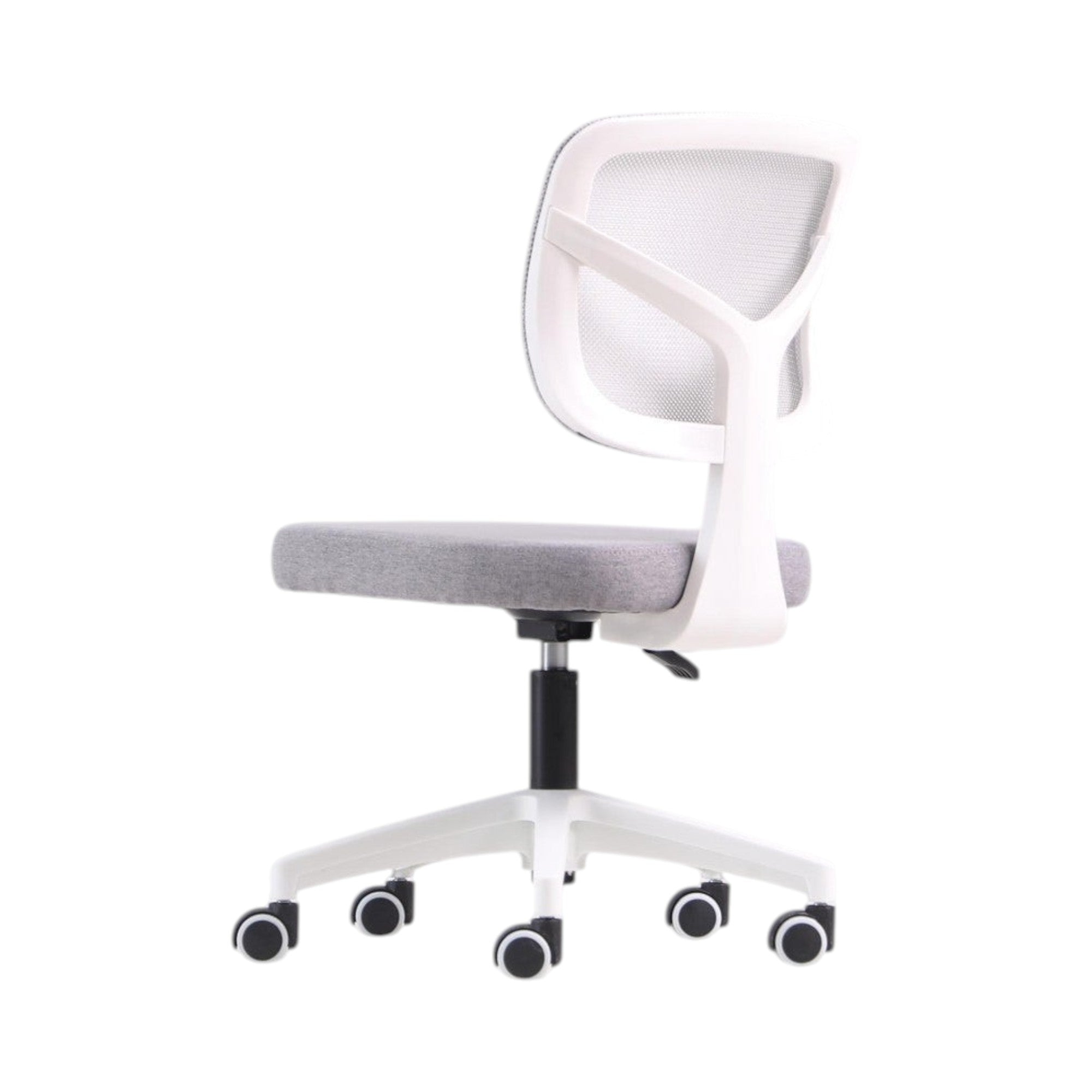 Xiaoyaozuo office chair: Grey fabric seat and breathable white mesh back ergonomic office chair with adjustable height and casters.