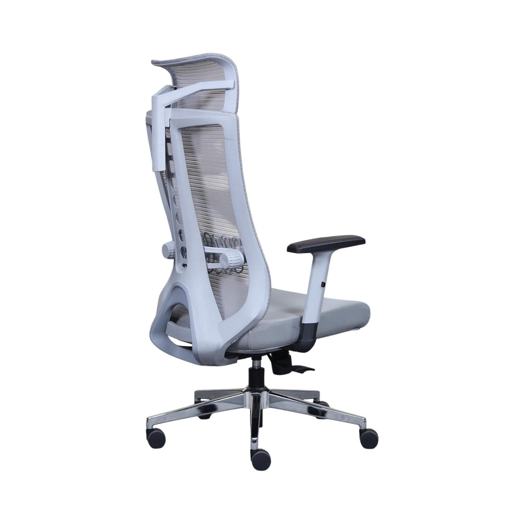 Xiaoyaozuo office chair grey ergonomic mesh chair with adjustable headrest and padded seat, on silver base with casters.
