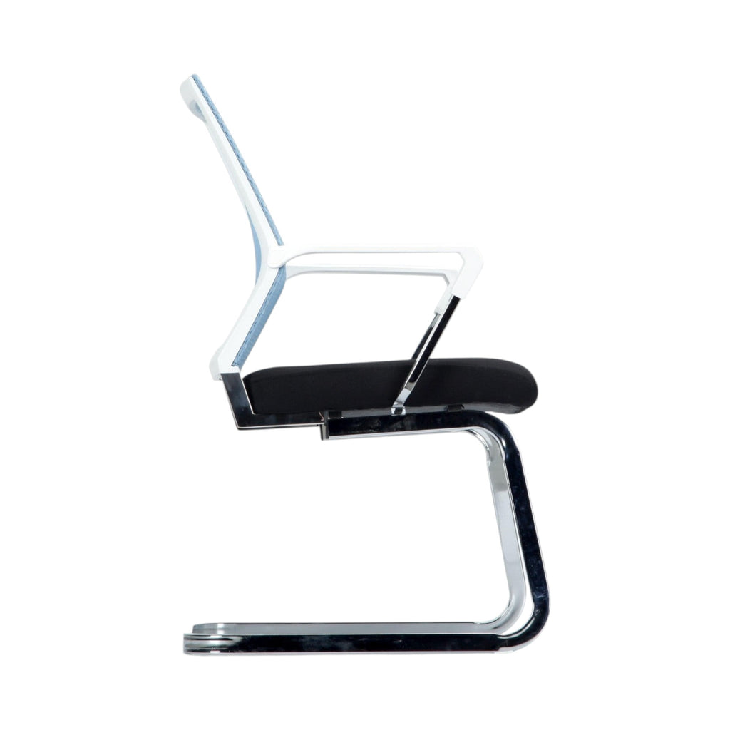 Xiaoyaozuo office chair: modern light blue mesh back guest chair with black fabric seat and chrome sled base.
