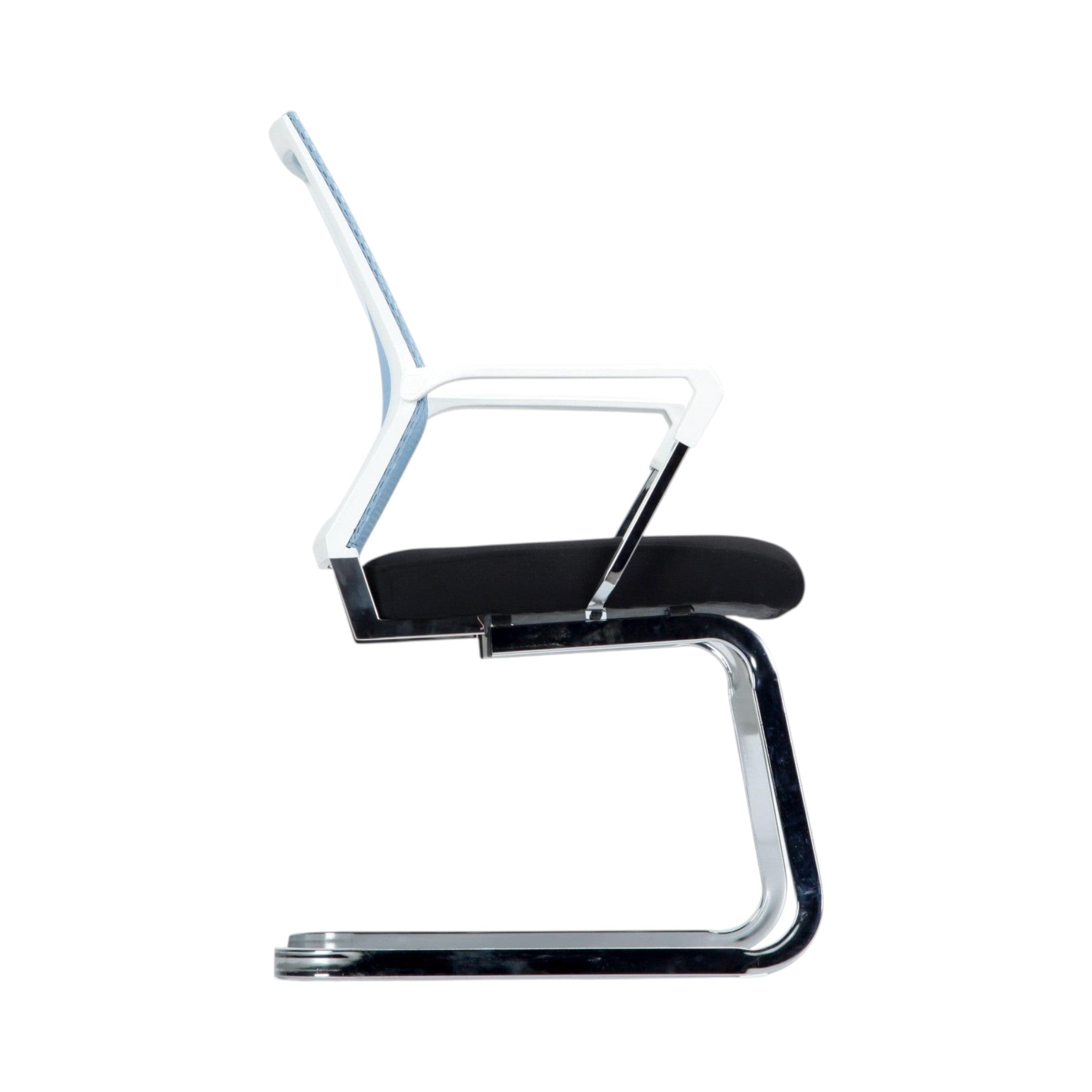 Xiaoyaozuo office chair: modern light blue mesh back guest chair with black fabric seat and chrome sled base.