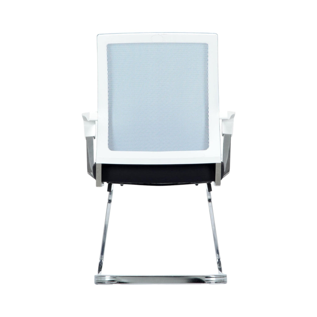 Xiaoyaozuo office chair: Modern light blue mesh back guest chair with black fabric seat, white armrests, and chrome sled base.