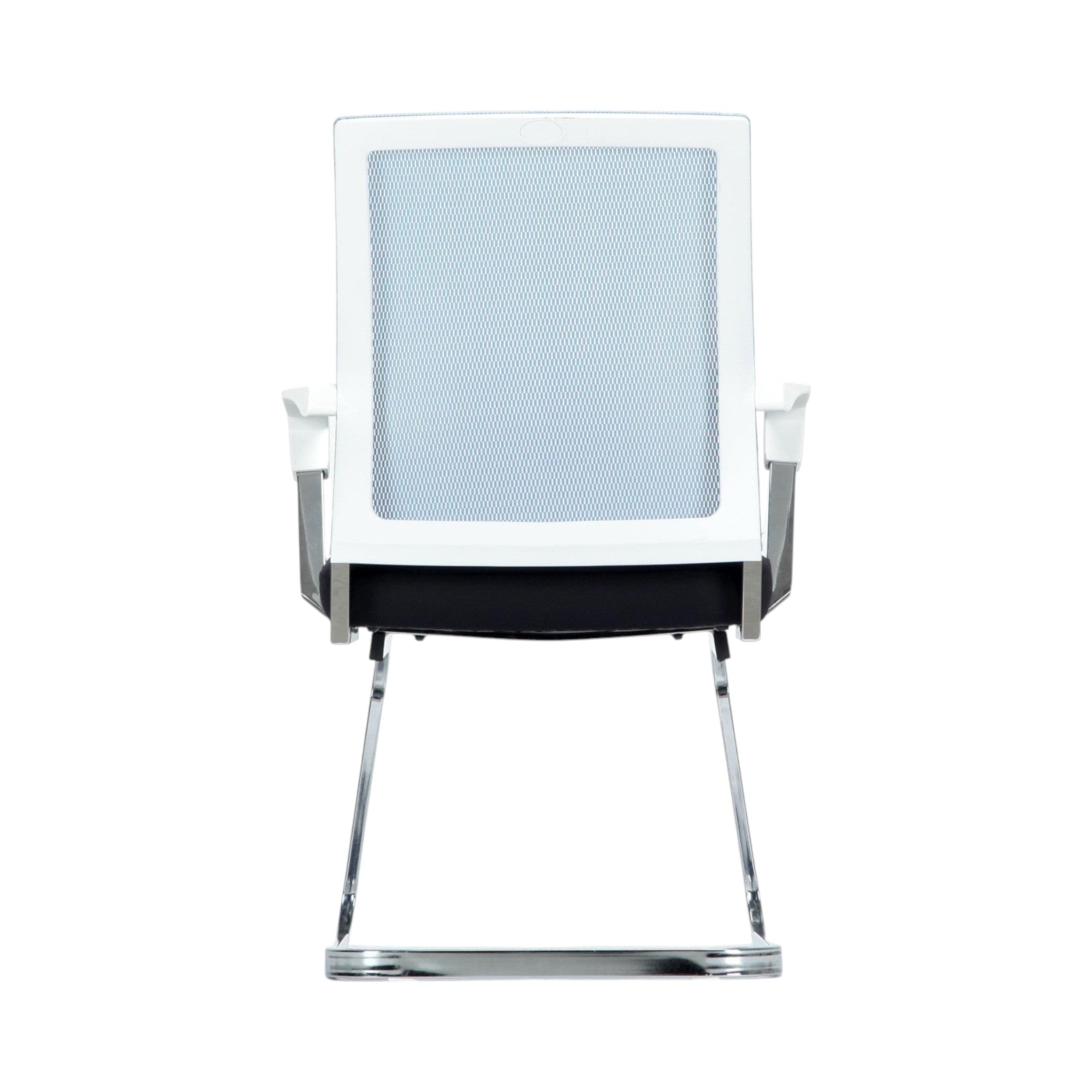 Xiaoyaozuo office chair: Modern light blue mesh back guest chair with black fabric seat, white armrests, and chrome sled base.