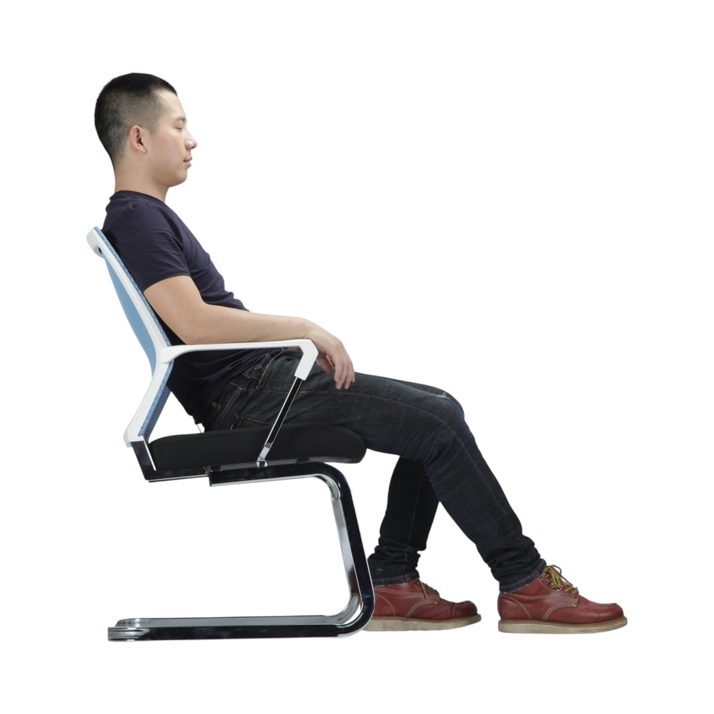 Xiaoyaozuo office chair: Modern light blue mesh back guest chair with black fabric seat and chrome sled base.