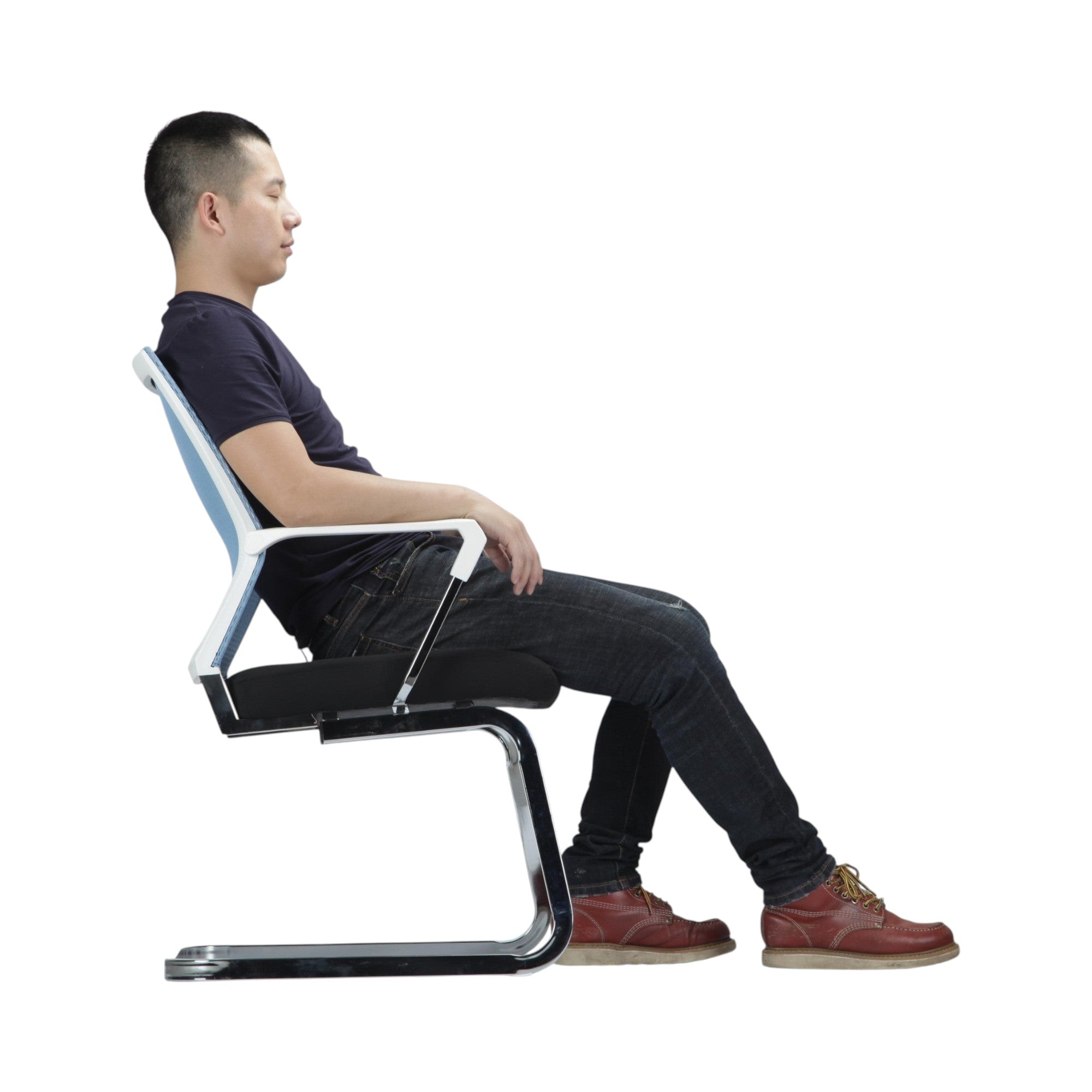 Xiaoyaozuo office chair: Modern light blue mesh back guest chair with black fabric seat and chrome sled base.